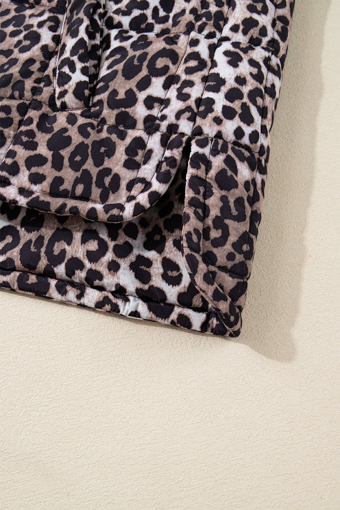 Leopard Quilted Full Zip Stand Collar Puffer Vest